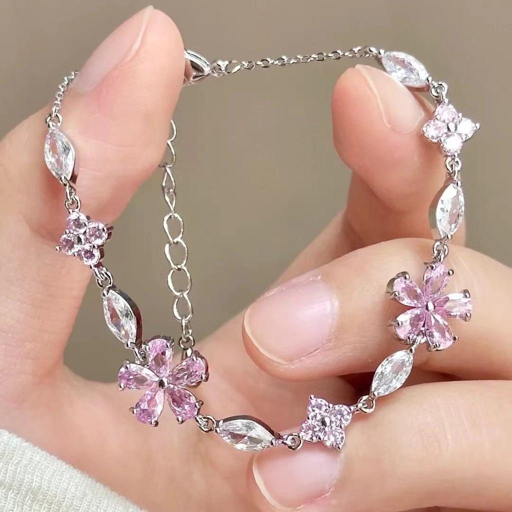 Rhinestone Cherry Blossom Pink Flower Bracelet Small Fresh Flower Ladies Temperament Girls
