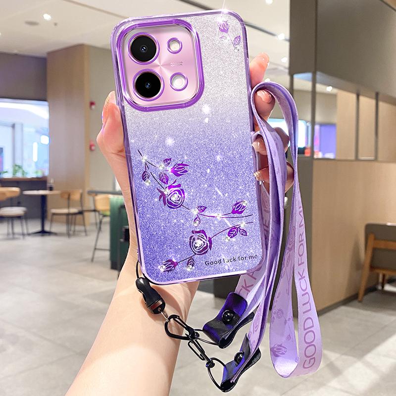 

For vivo Y28 4G Case Gradient Glitter TPU Phone Cover with Lanyard Purple