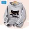 Cute Cartoon Kitten Little Black Cat Print Boy Girl Hooded Sweatshirt Spring Autumn Loose Long Sleeve Outdoor Tops