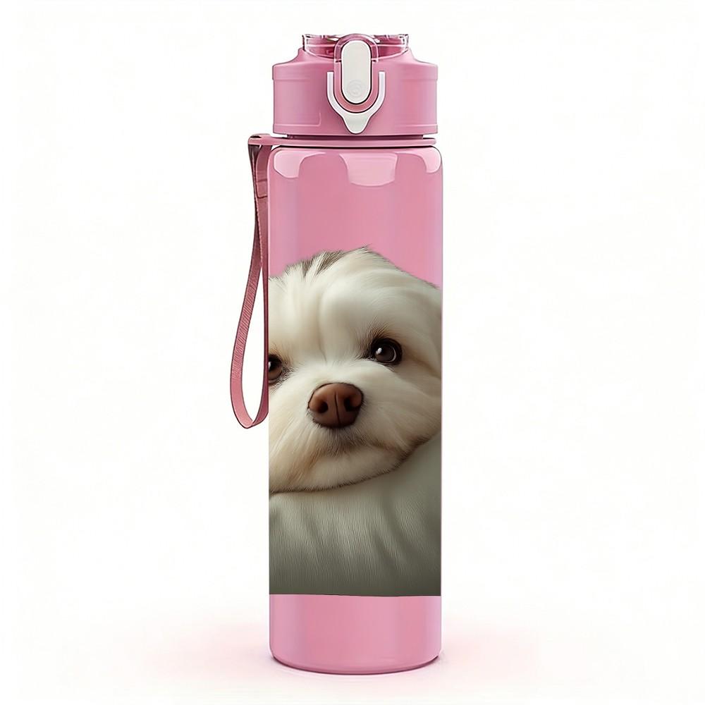 1PC White Puppy Lying On Pillow 750ml Color Plastic Sports Water Bottle Leakproof Flip Straw Lid Suitable for Sports Office Home Use