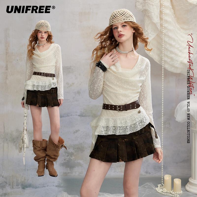 UNIFREE Slim-Fit Cowl Neck Ruffle Tee with Belt