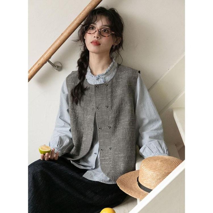 Japanese Blue Stripe Loose Long Sleeve Casual Shirt Women Top Johnature Spring