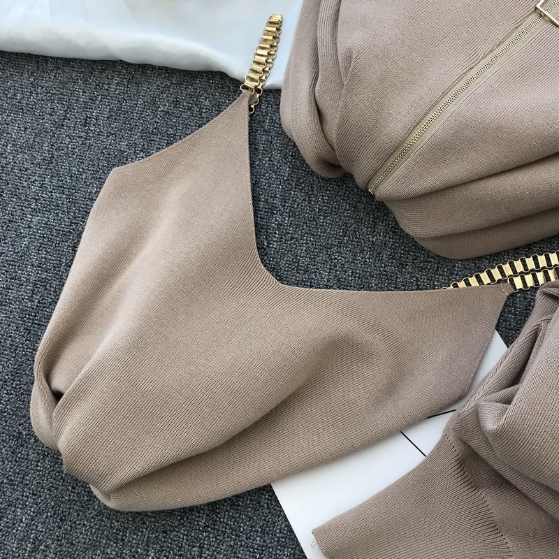 3 teile/satz Gestrickte Pullover Anzug Casual Kette Weste Gestrickte Jacke + Elastische Hosen Drei-stück Sets Frauen Outfits