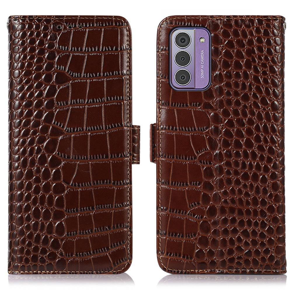 

For Nokia G42 Wallet Phone Case Genuine Cow Leather Stand Crocodile Texture RFID Blocking Cover Brown