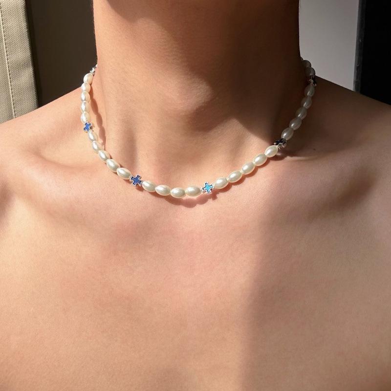 Retro Court Men's Blue Cross Necklace - Women's High-End Niche Clavicle Chain