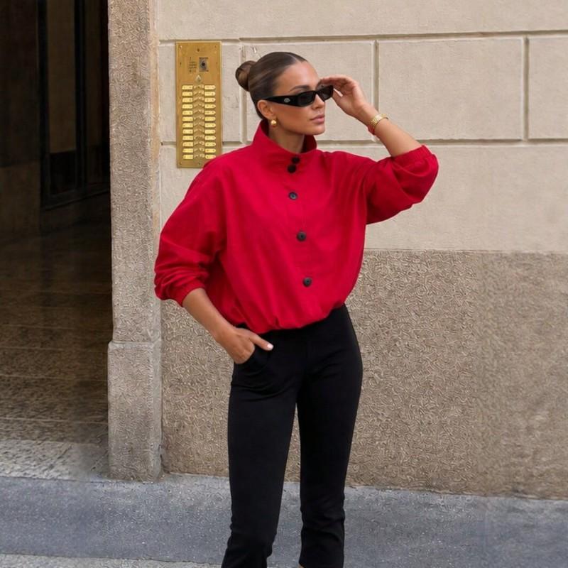 Womens Short Loose Fit Stand Collar Long Sleeve Jacket With Single Button Casual Chic Outerwear