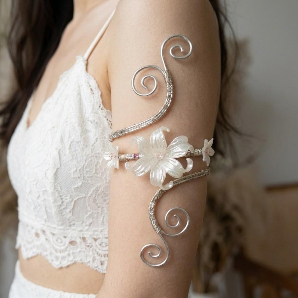 Gold Color Metal Floral Open Cuff Armlet Enamel Glaze Craft Spiral Arm Bracelet  Vacation Style
