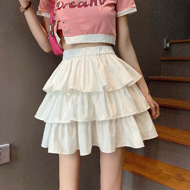 Black and White Check Cake Skirt Women's Elastic Waist A-word Ruffle Edge Pleats Puffy Skirt Sexy Sweet Gothic Preppy Style Spring Summer