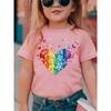 2026 Rainbow-colored Heart Round Neck Cotton T-shirt ChildrenFashion Sequined Heart-patterned Trendy Item for Girls Kid Clothing