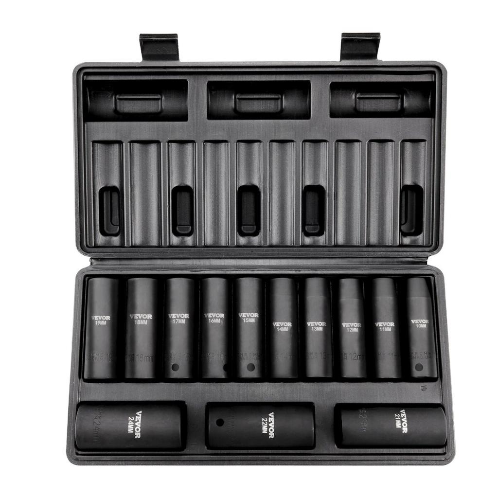 1/2" Drive Impact Socket Set, 13 Piece Deep Socket Set Metric 10-24mm, 6 Point CR-V Alloy Steel for Auto Repair, Easy-to-Read Size Markings, Rugged