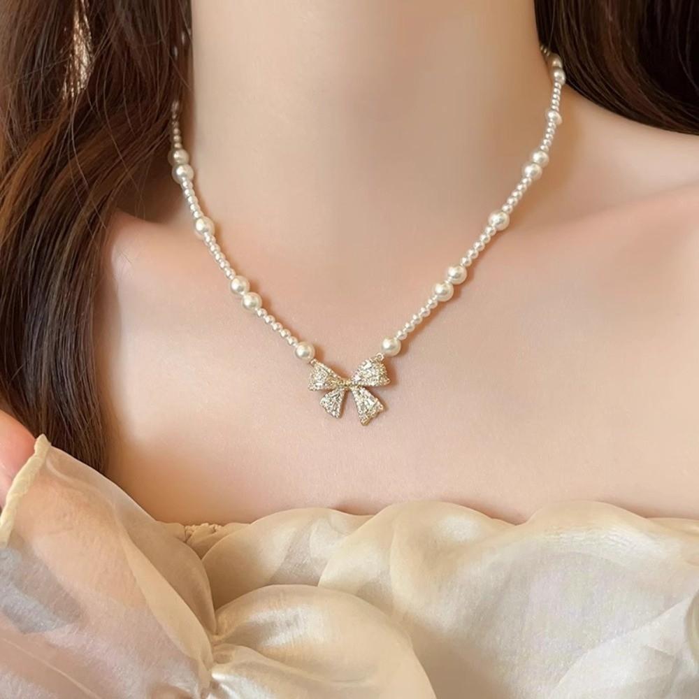 Clavicle Chain Silver Bowknot Necklace Pearl Simple Pendant Chain Bow Necklace Pendant  Girls/Women