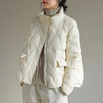 Autumn and Winter Fashion Solid Color Pressed Line Zipper Stand-up Collar White Duck Down Jacket Top Women's Short Coat Tide
