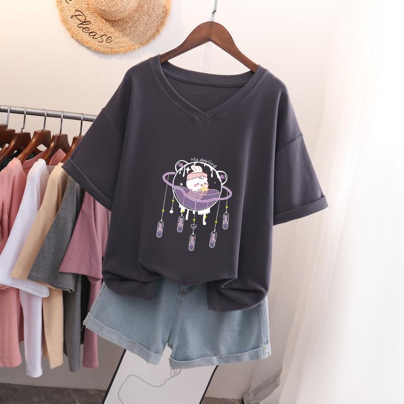 Short-sleeved T-shirt, Loose-fitting, Slimming Printed V-neck Top for Women