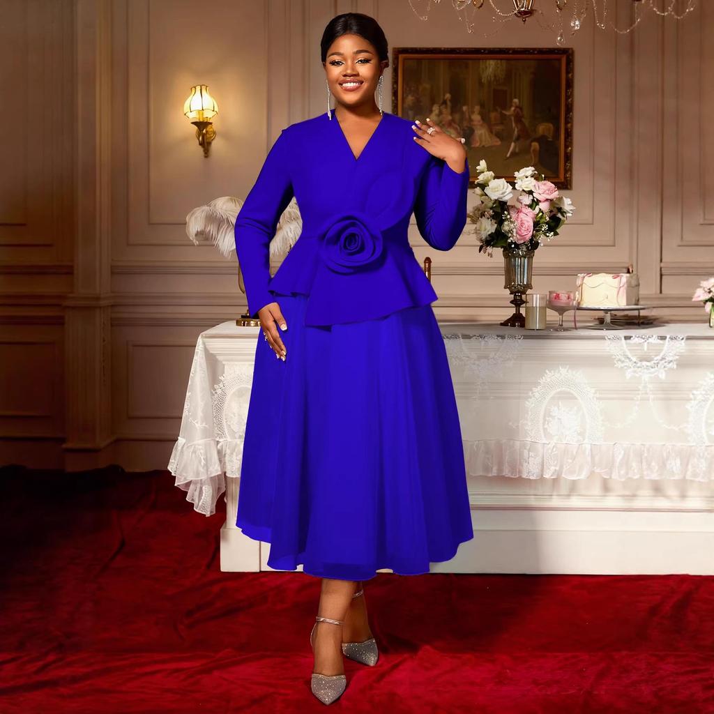 Plus Size Women's Elegant V-Neck 3D Floral Long Sleeve Ruffled Party Dress