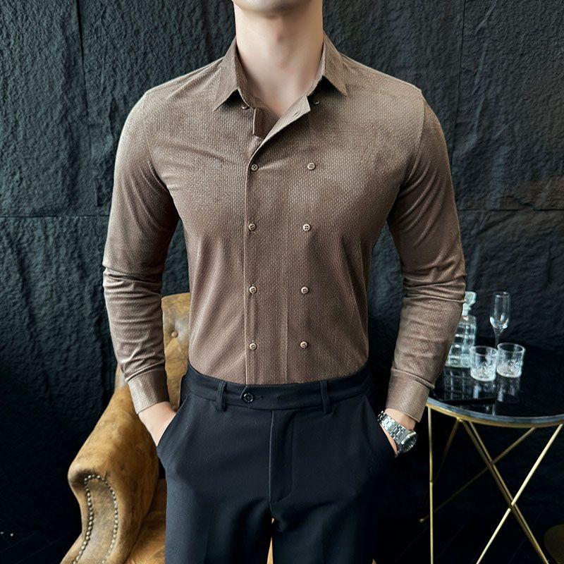 

Деловые повседневные однотонные рубашки Мужская одежда Двубортные Весна Осень Отложной воротник Шикарные Приталенные Винтажные Корейские рубашки XXXL дубильная кора