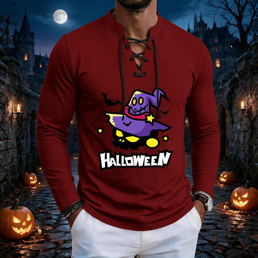 Men's Vintage Halloween Print Lace-Up Long Sleeve T-Shirt