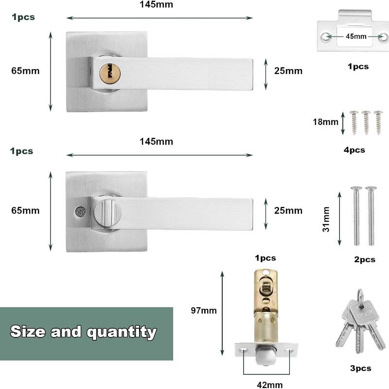 Door Lever Handle Lock,Interior Door Handle with Lock and Key Square Entry Door Handle for Bedroom Office Left or Right Handing (Silver)