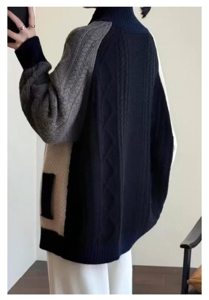 European Style Women's Color Block High Neck Wool Cardigan - Autumn/Winter Loose Fit Sweater Coat