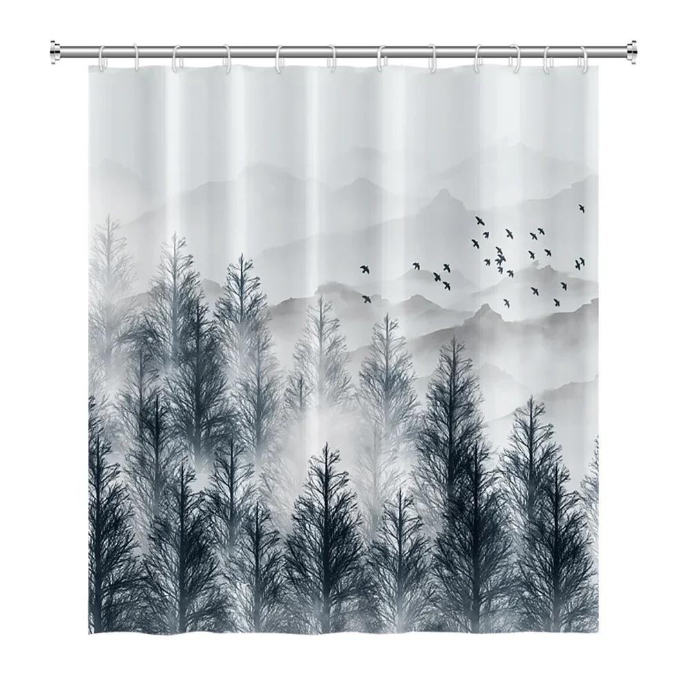 Misty Forest Shower Curtain for Bathroom Nature Mountain Tree Fog Woodland Waterproof Fabric Bathtub Shower Curtain Home Decor
