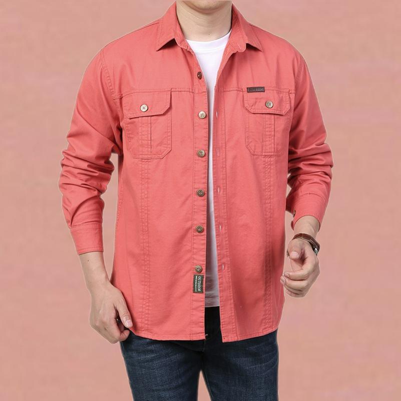 Men's Casual Loose Long-sleeved Shirt Spring and Autumn Plus Size Cotton Solid Color Young and Middle-aged Shirt