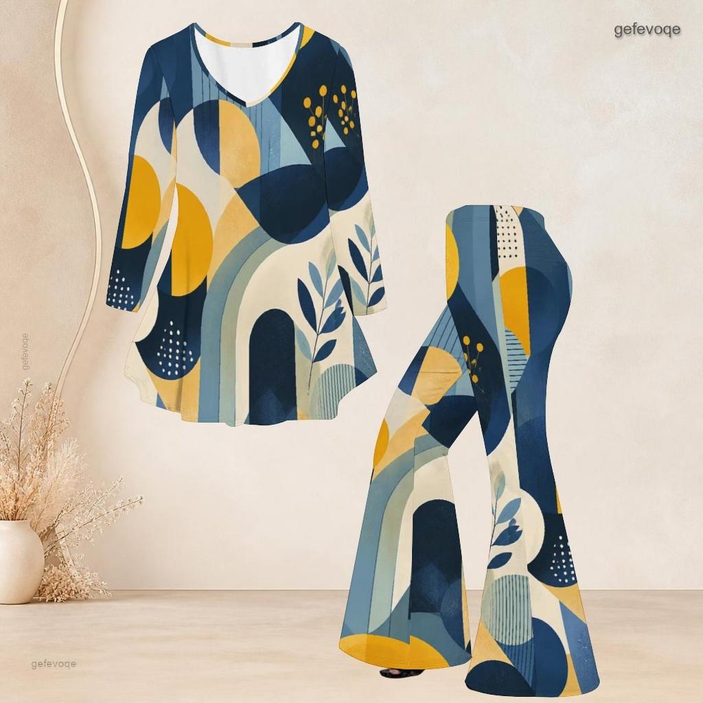 Women Plus Size Round Neck Three Quarter Sleeve Printed Flared Top And Flared Pants Two Piece Set