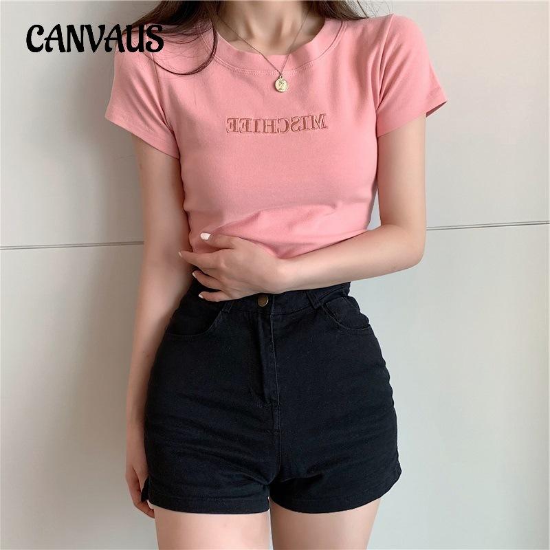 Letní dámské tričko s výšivkou písmen, slim top s krátkým rukávem