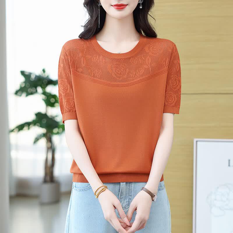 Hengyuanxiang Women's Summer Hollow Knit Ice Silk T-Shirt