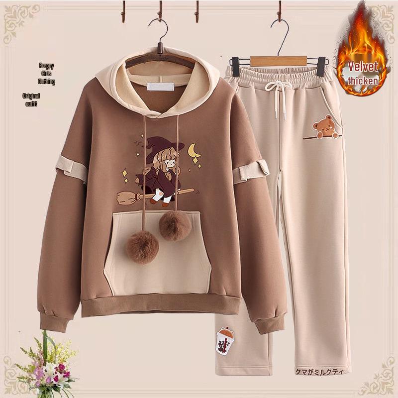 Podzimní/Zimní Sametová Zesílená Dvoudílná Sada pro Dívky (Věk 12-15): Mikina a ležérní sportovní oblečení
