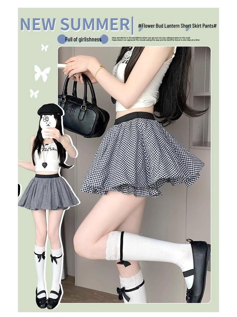 White High-Waist Anti-Exposure A-Line Mini Skirt - Women's Sweet Age-Reducing Flower Bud Design