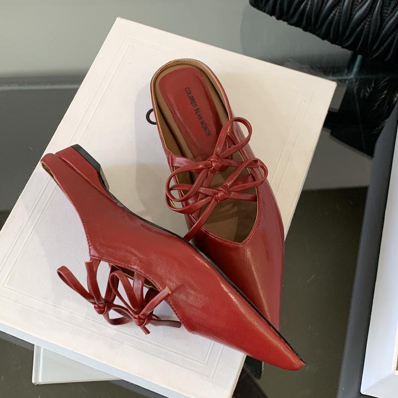 Fashion SUOJIALUN 2025 Autumn New Women Slipper Fashion Pointed Toe Bow-knot Slip On Mules Shoes Square Low Heel Outdoor Dress Sandal