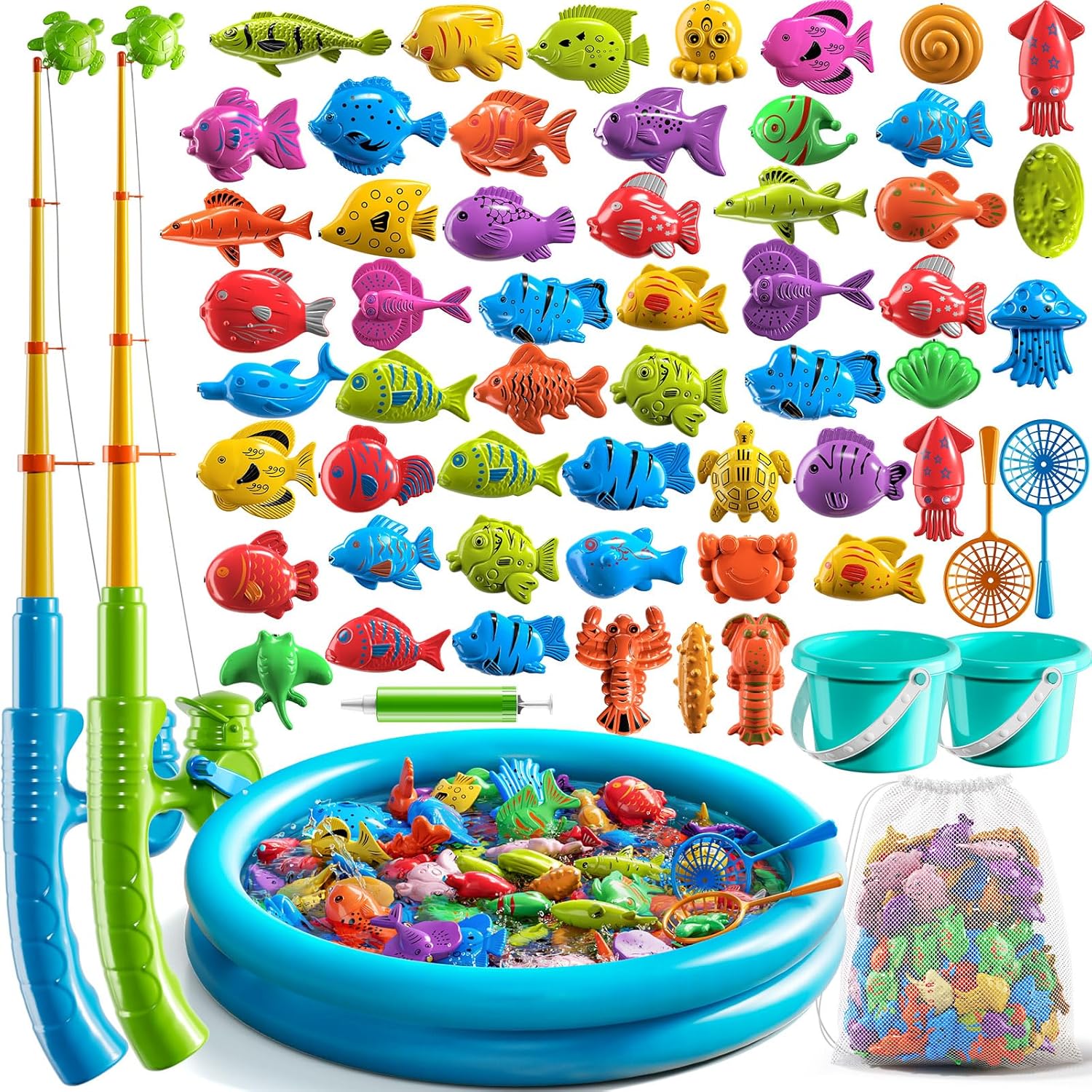 

Magnetic Fishing Game Pool Toys for Kids 3-5, Water Table Bathtub Kiddie Party Toy with Pole Rod Net Plastic Floating Fish 56PCS