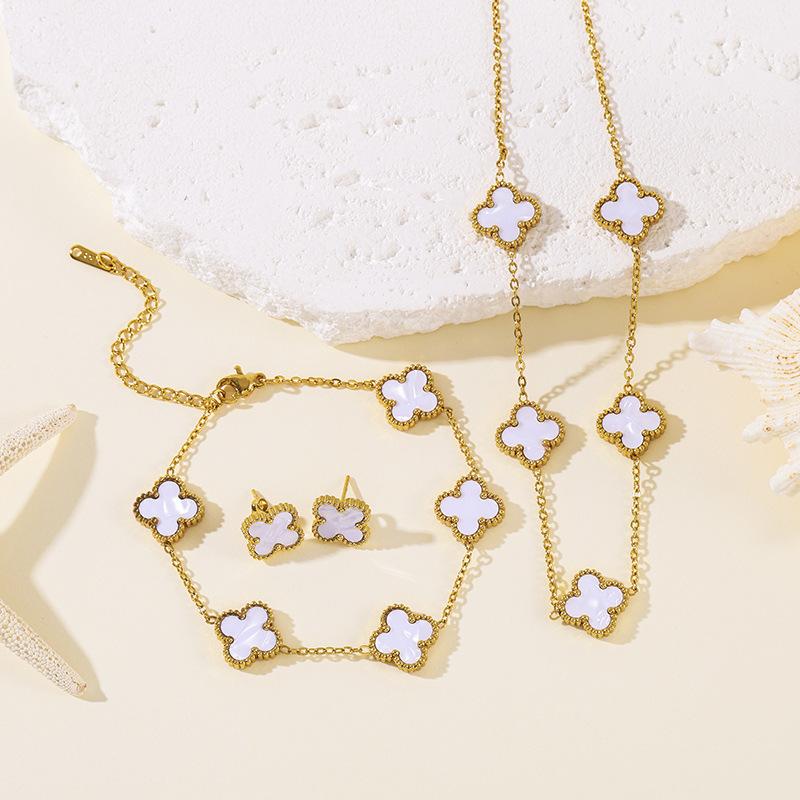 Set da 3 pezzi in acciaio al titanio, resistente allo sbiadimento, a doppia faccia, con quadrifoglio, moda donna, elegante, lusso leggero, collana per clavicola e braccialetto