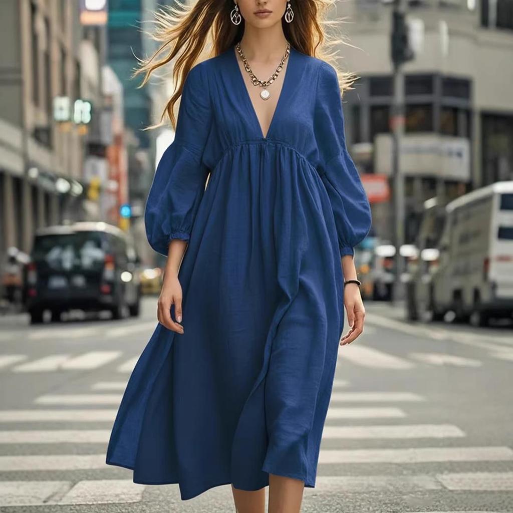 European & American Spring/Summer Women's Casual Lantern Sleeve Maxi Dress