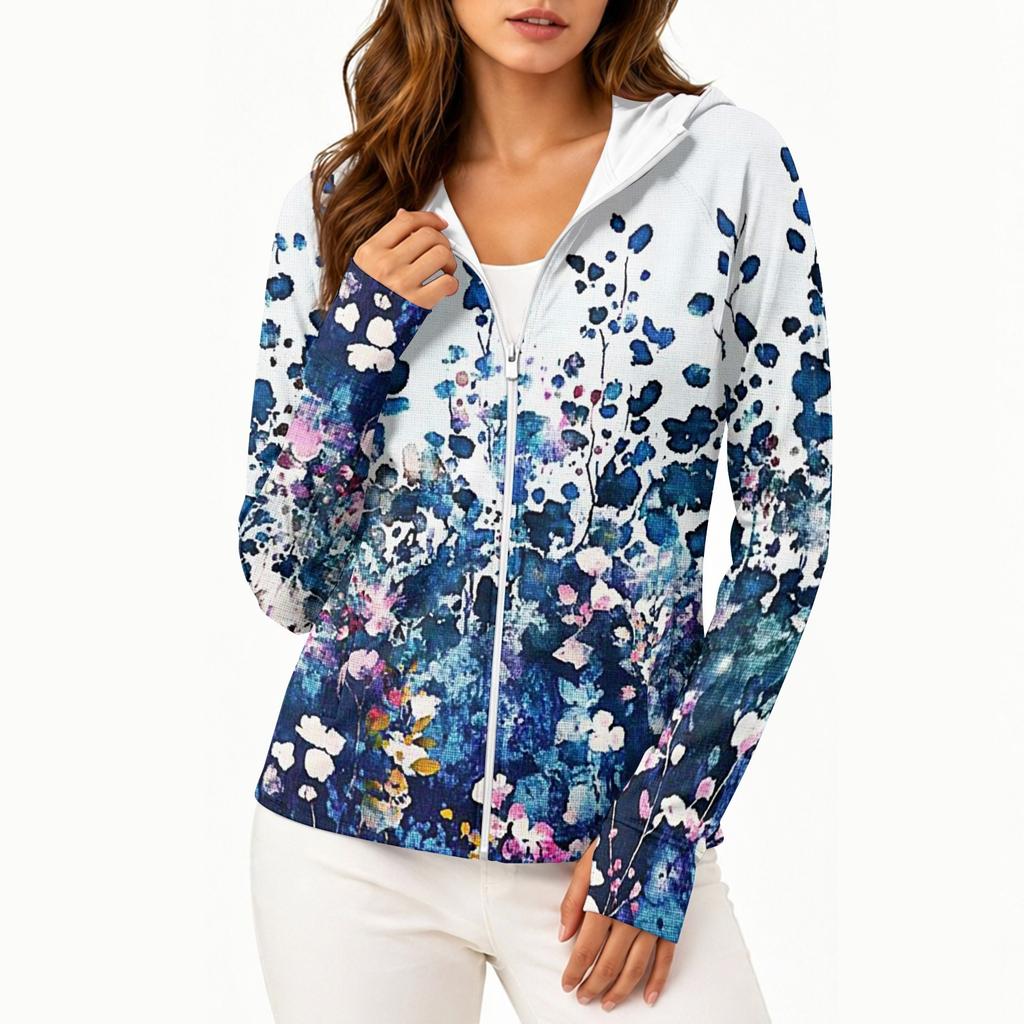 Women's Long Sleeve Hooded Sun Protection Jacket with Zipper Pockets Floral Print Lightweight Outdoor Layering Top