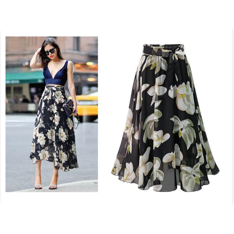 Chiffon Skirt Women's Summer Plus Size Mid-length Floral Skirt Mid-length Skirt Was Thin A-line Gauze Skirt