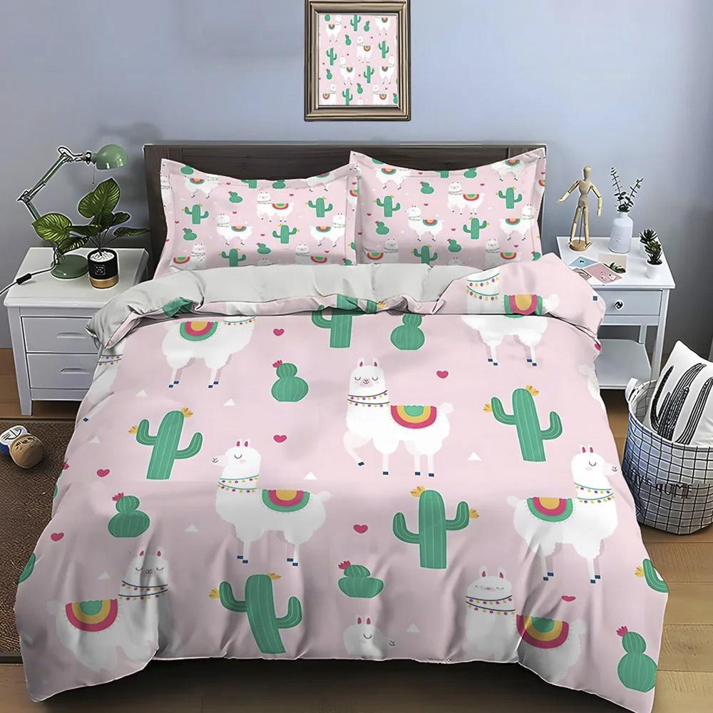Cute Cartoon Llama Alpaca Print Bedding Set Duvet Cover 1 Duvet Cover 2 Pillowcases Adult And Children Bedding Set Luxury Gifts