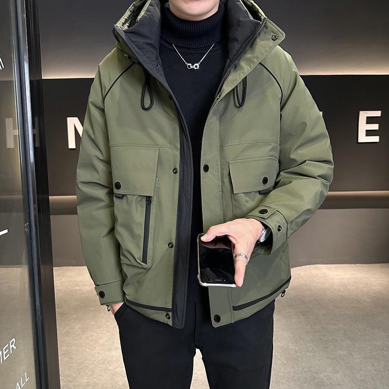 Men s Trendy Hooded Letter Print Down Jacket, 2025 Winter Casual Workwear, White Duck Down Coat M армия зеленый