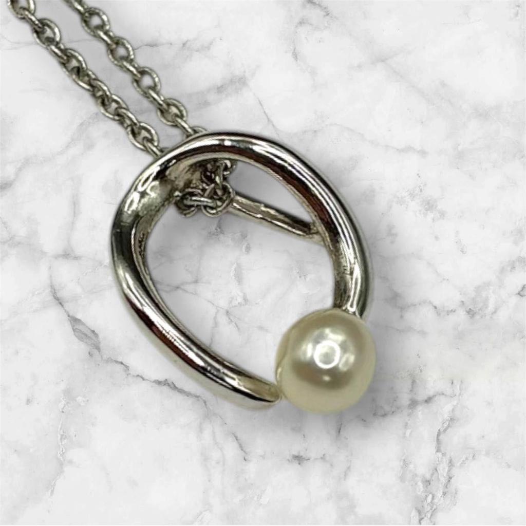 Used TASAKI pearl necklace silver color oval design