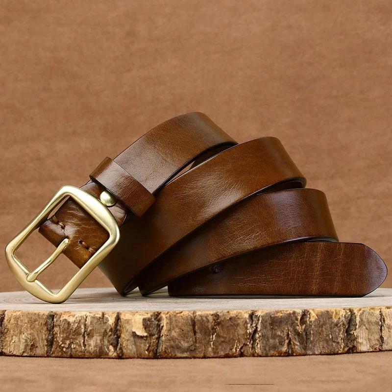 3,3CM Čistá hovězí kůže Pravá kůže pro Pánské Vysoce kvalitní Džíny Mosazná přezka Pásky Kovbojský pas Pánská Módní Značka Návrháře