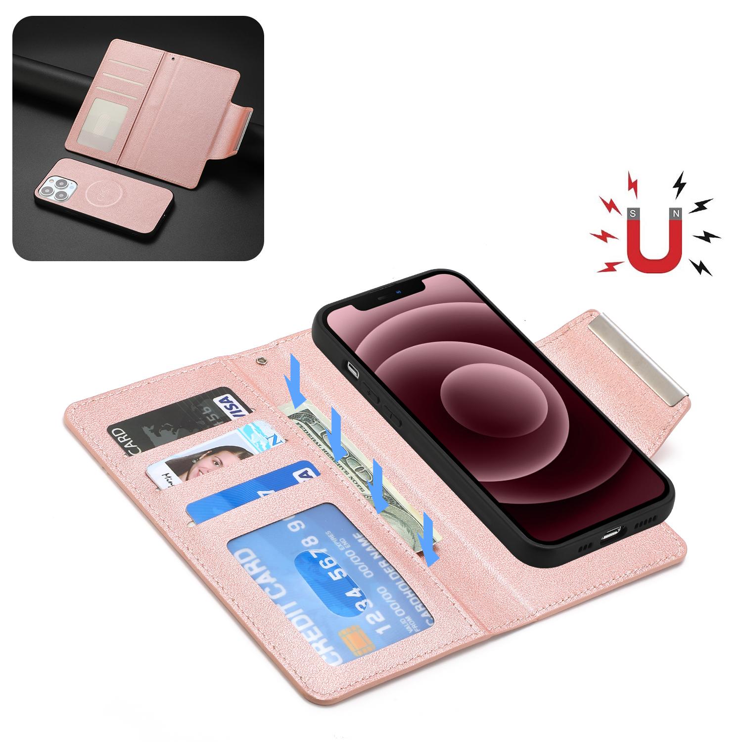 

For iPhone 16 Pro Case PU Leather Wallet Detachable Phone Cover Rose Gold