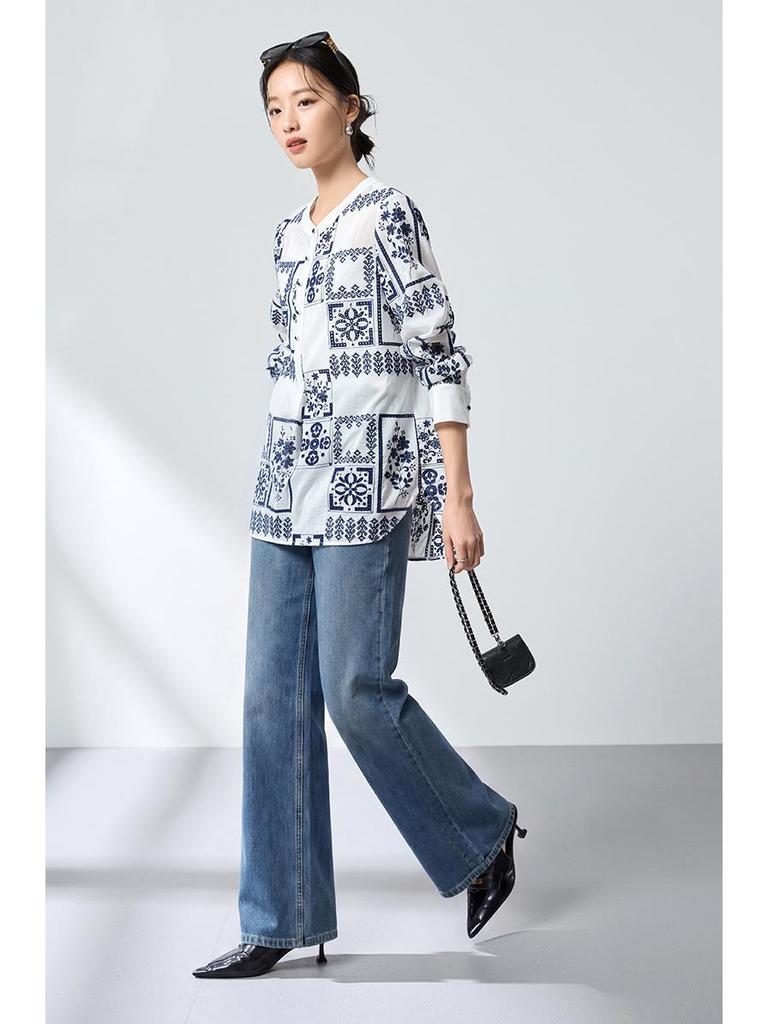 Ink Wash Silk Retro Print Shirt - Spring Slimming Henley Collar Cardigan Top