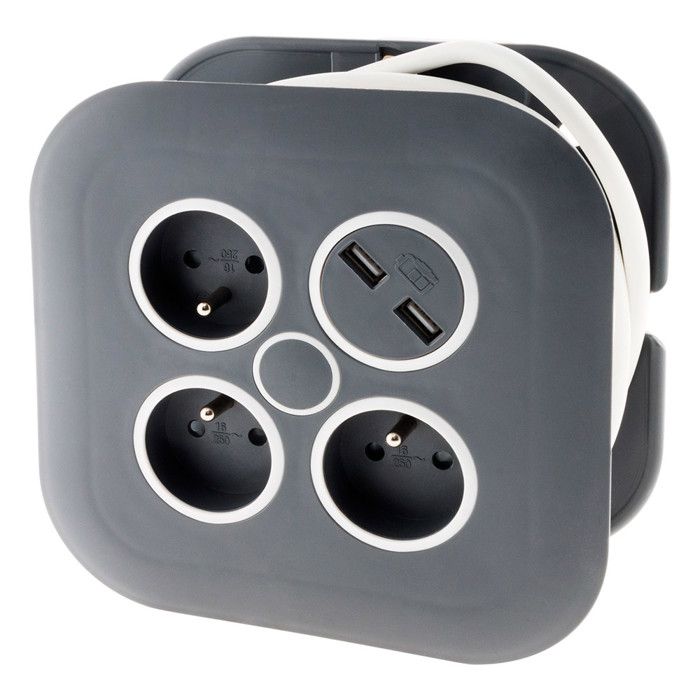 Enrouleur domestique 3 x 2P+T + 2xUSB - 7m - Noir - Zenitech