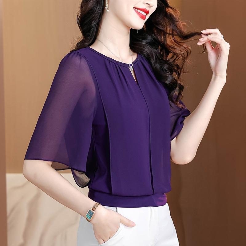 Summer Clothing Half Sleeve Chiffon Blouse Fashion Loose Women Tops Solid Color Casual Pullovers Shirt