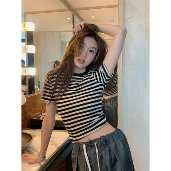Striped Short-Sleeve French Cotton T-Shirt for Women