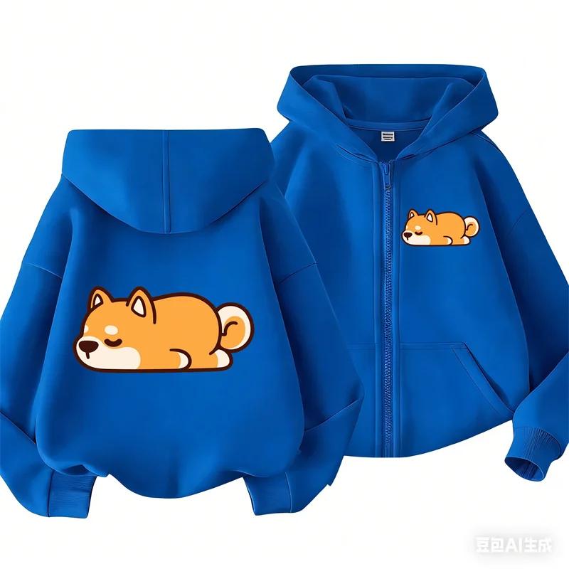 Sleeping Shiba Inu Front Back Print Zip Up Hoodie Kids Long Sleeve Lightweight Autumn Casual Cartoon Animal Children Outerwear