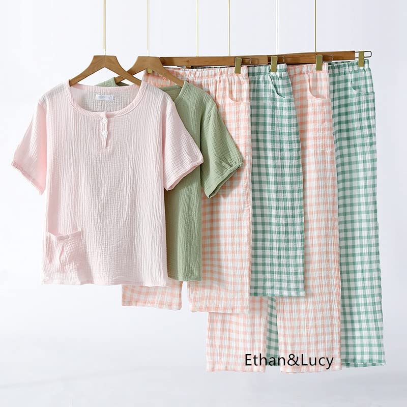 Gauze Soft and Short Cute Sleepwear Light Women's Spring/Summer Pajamas, 100% Cotton, Comfortable, Sleeve, Set, Breathable, Cool, Moisture-Wicking,