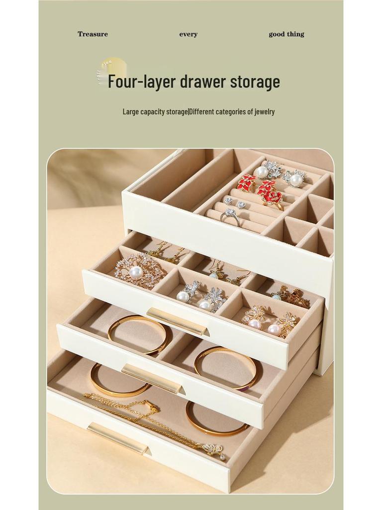 Cross-Border Jewelry Storage Box: Four-Layer Windowed Gold Drawer for Necklaces & Earrings