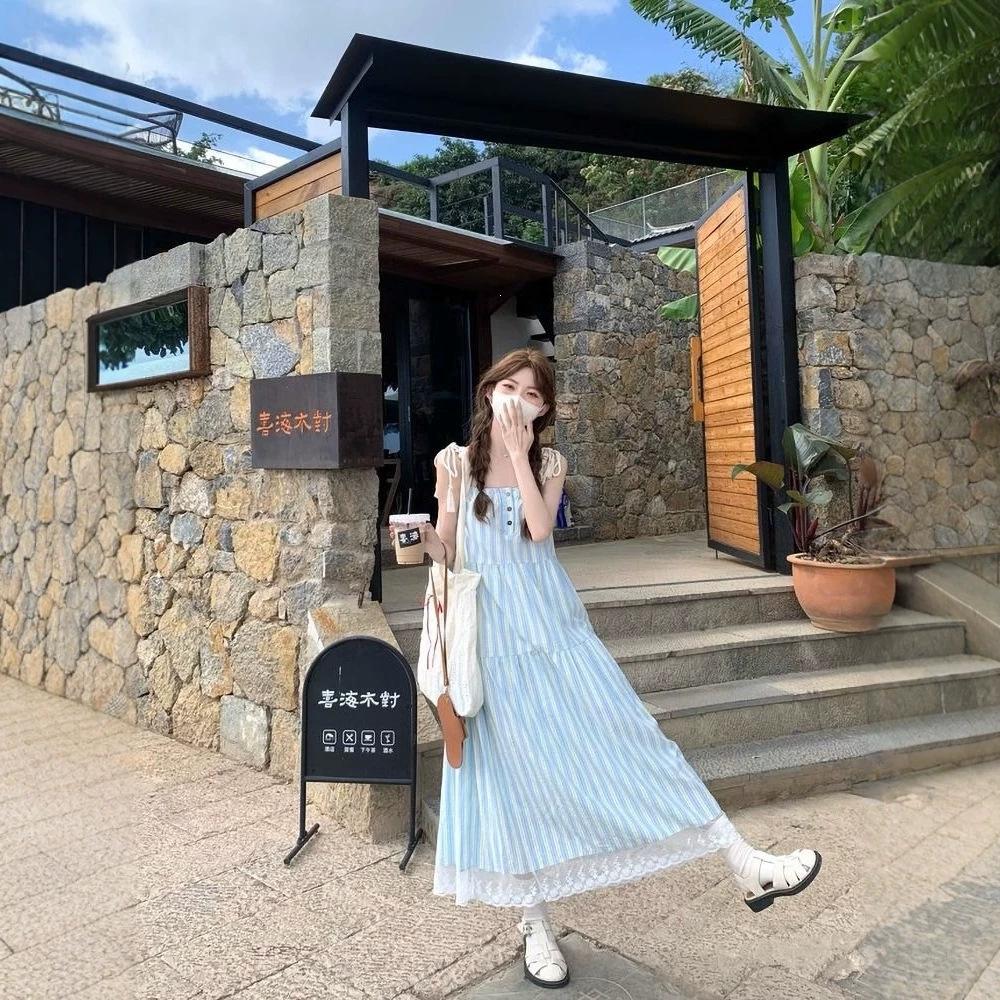 Holiday Style Neck Sling Dress Women's Summer New Retro Loose Outer Wear A Word Big Pendulum Long Skirt Tide