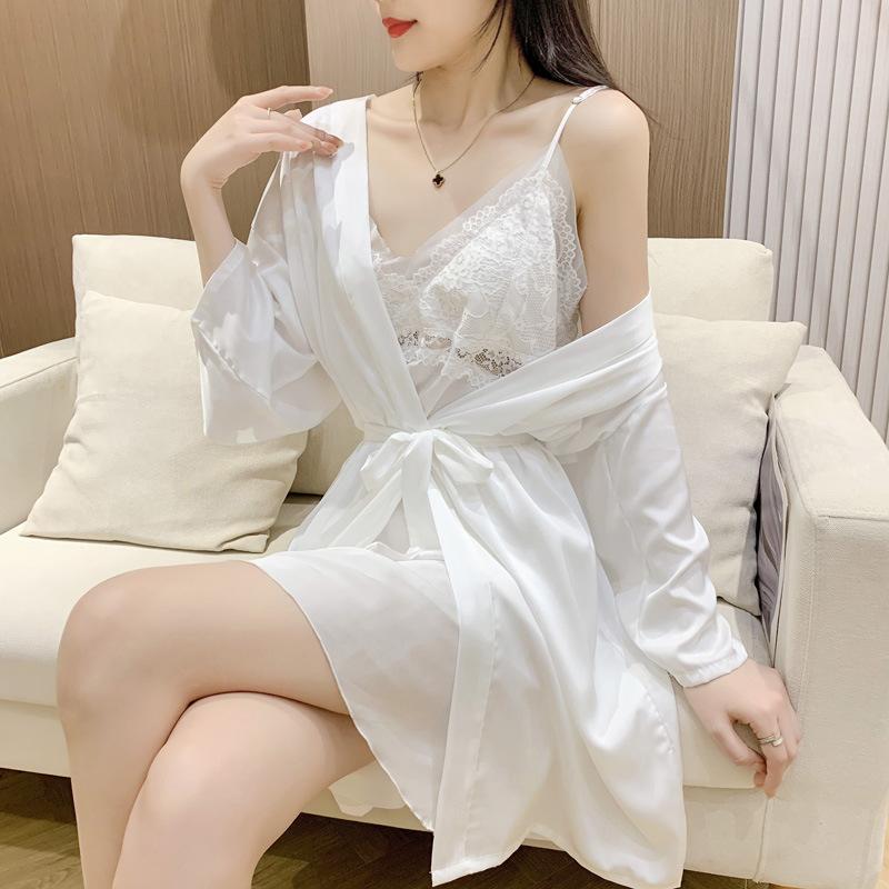 Sexy pajamas women's summer new lace suspender nightgown nightgown set 1011 spring and autumn long-sleeved loungewear