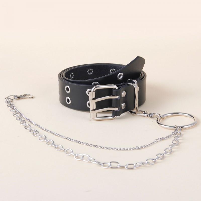 Punk Style Women Men Black Faux Leather Belt With Metal Chain Decor Double Row Buckle Casual Jeans Accessory